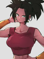 Rule 34 | black hair, breasts, closed mouth, collarbone, dragon ball, dragon ball super, earrings, green eyes, grey background, hand on own hip, jewelry, kefla (dragon ball), kemachiku, large breasts, looking at viewer, potara earrings, short hair, simple background, solo