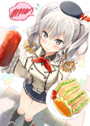 Rule 34 | 10s, 1girl, 3:, 3:&lt;, beret, black socks, blue eyes, blush, breasts, buttons, coffee cup, cup, disposable cup, epaulettes, eretto, female focus, flying sweatdrops, food, gloves, hat, jacket, kantai collection, kashima (kancolle), kneehighs, large breasts, long hair, military, military uniform, miniskirt, plate, pleated skirt, sandwich, silver hair, skirt, socks, solo, spoken blush, spoken squiggle, squiggle, twintails, uniform, v-shaped eyebrows, wavy hair, white gloves