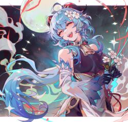 Rule 34 | 1girl, ahoge, blue hair, breasts, chinese clothes, closed eyes, eyebrows hidden by hair, flower, ganyu (genshin impact), genshin impact, hair between eyes, hair flower, hair ornament, highres, holding, holding flower, horns, long hair, medium breasts, moon, night, night sky, oastlv, open mouth, ponytail, qingxin flower, sky, smile, solo, star (sky), upper body