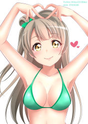 Rule 34 | 1girl, armpits, arms up, artist name, bikini, blush, bow, breasts, cleavage, closed mouth, green bikini, green bow, grey hair, hair bow, heart, highres, long hair, looking at viewer, love live!, love live! school idol project, medium breasts, minami kotori, side ponytail, simple background, smile, solo, swimsuit, tina1213, upper body, white background