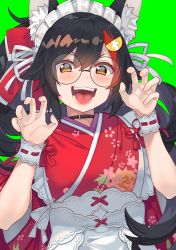 Rule 34 | 1girl, absurdres, alternate costume, animal ears, bespectacled, black hair, blush, bow, glasses, hair between eyes, hair bow, hair ornament, hairclip, highres, hololive, japanese clothes, kimono, looking at viewer, ookami mio, ookami mio (new year), open mouth, paw pose, portrait, solo, tonarikeru, virtual youtuber, wolf ears, yellow eyes