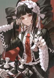 Rule 34 | 1girl, :|, animal print, armchair, black hair, black jacket, black nails, blood, blood on face, blunt bangs, butterfly print, celestia ludenberg, chair, chess piece, chessboard, chinese commentary, closed mouth, commentary request, cowboy shot, danganronpa: trigger happy havoc, danganronpa (series), drill hair, earrings, elbow rest, expressionless, frilled jacket, frilled sleeves, frills, grey background, highres, holding chess piece, jacket, jewelry, lace trim, long hair, long sleeves, looking down, nail polish, neck ribbon, necktie, on chair, procreate (medium), red eyes, red necktie, ribbon, ring, simple background, sitting, slit pupils, solo, twin drills, white headdress, yi zhen gui mu