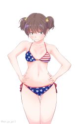 Rule 34 | 1girl, absurdres, alisa (girls und panzer), american flag bikini, american flag print, bikini, blush, breasts, brown eyes, brown hair, closed mouth, commentary, cowboy shot, flag print, freckles, frown, girls und panzer, gluteal fold, hair ornament, hands on own hips, highres, looking at viewer, medium breasts, navel, oze (xyz go go11), print bikini, short hair, short twintails, side-tie bikini bottom, simple background, solo, standing, star (symbol), star hair ornament, sweat, swimsuit, thigh gap, twintails, twitter username, v-shaped eyebrows, white background