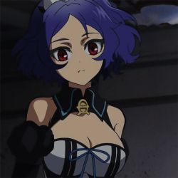 Rule 34 | 10s, 1girl, animated, animated gif, blue hair, bow, breasts, chess belle, cleavage, fang, owari no seraph, purple hair, red eyes, solo