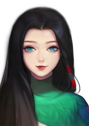 Rule 34 | 1girl, aqua eyes, black hair, closed mouth, eyelashes, feathers, gu huo niao, kunlu, lips, long hair, looking at viewer, onmyoji, red lips, simple background, smile, solo, upper body, white background