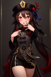 Rule 34 | black nail polish, brown hair, flat chest, flower, genshin impact, gradient hair, hat, highres, hu tao (genshin impact), jewelry, looking at viewer, multicolored hair, red eyes, red hair, ring, smile, twintails