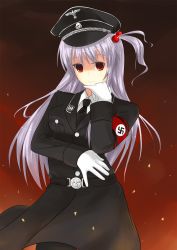 Rule 34 | 1girl, armband, belt, breasts, eluthel, female focus, gloves, hair bobbles, hair ornament, hat, highres, long hair, military, military uniform, mystic square, nazi, necktie, peaked cap, red eyes, shinki (touhou), side ponytail, silver hair, smile, solo, swastika, touhou, touhou (pc-98), uniform