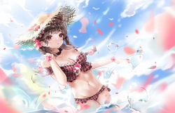 Rule 34 | 1girl, :o, absurdres, arknights, bad id, bad pixiv id, bikini, blue sky, blunt bangs, blush, braid, breasts, brown hair, choker, cleavage, cloud, collarbone, commentary, day, dutch angle, eyjafjalla (arknights), eyjafjalla (summer flower) (arknights), flower, frilled bikini, frills, hat, hat flower, head tilt, highres, long hair, looking at viewer, medium breasts, navel, off-shoulder bikini, off shoulder, official alternate costume, outdoors, parted lips, petals, plaid, plaid bikini, red bikini, red choker, red eyes, red flower, scup, sky, solo, stomach, straw hat, swimsuit, symbol-only commentary, twin braids, wading, water, water drop, yellow hat