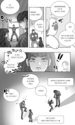 Rule 34 | !, !!, 2boys, 2girls, animal hands, baek ae-young, bodysuit, character request, comic, commentary request, diving suit, eoduun badaui deungbul-i doeeo, from above, gloves, greyscale, holding, jihyeok seo, korean commentary, korean text, long hair, male swimwear, monochrome, multiple boys, multiple girls, mungmum, paw gloves, ponytail, shin hae-ryang, short hair, speech bubble, translation request, wetsuit