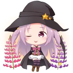 Rule 34 | 1girl, arm warmers, arms behind back, belt, black cape, black hat, black shirt, blush, brown belt, brown footwear, cape, chibi, closed mouth, crop top, detached sleeves, flower, fold-over boots, full body, hair bobbles, hair ornament, hat, hat ornament, looking at viewer, mado kara konnichiwa, magia record: mahou shoujo madoka magica gaiden, magical girl, mahou shoujo madoka magica, medium hair, miniskirt, misono karin, one eye closed, parted bangs, pink ribbon, pleated skirt, print skirt, purple eyes, purple hair, purple thighhighs, ribbon, shirt, skirt, smile, solo, standing, star (symbol), star hat ornament, star print, striped clothes, striped thighhighs, thighhighs, tongue, tongue out, two side up, white skirt, witch hat