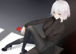Rule 34 | 1girl, ahoge, black pantyhose, black shirt, blouse, breasts, eyebrows hidden by hair, fate/grand order, fate (series), flower, holding, holding flower, jeanne d&#039;arc (fate), jeanne d&#039;arc alter (avenger) (fate), jeanne d&#039;arc alter (fate), large breasts, liangfen, looking at viewer, pantyhose, pencil skirt, rose, shadow, shirt, short hair, silver hair, sitting, skirt, smile, solo, yellow eyes