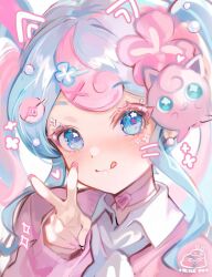 Rule 34 | 1girl, :3, alice vu, blue eyes, blue hair, blush, choker, closed mouth, collared shirt, commentary, creatures (company), drawn ears, drawn whiskers, english commentary, fairy miku (project voltage), flower, game freak, gen 1 pokemon, hair flower, hair ornament, hand up, hatsune miku, heart, heart choker, highres, jigglypuff, long hair, long sleeves, looking at viewer, multicolored hair, nintendo, pink choker, pink flower, pink hair, pink nails, pink sweater, pokemon, pokemon (creature), project voltage, shirt, smile, solo, sweater, tongue, twintails, two-tone hair, upper body, v, vocaloid, white shirt, x hair ornament