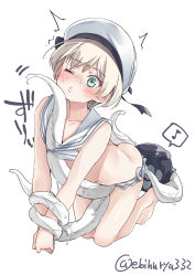 Rule 34 | 1girl, bikini, blue eyes, commentary request, ebifurya, enemy naval mine (kancolle), full body, hat, highres, kantai collection, microskirt, one eye closed, restrained, sailor bikini, sailor collar, sailor hat, short hair, silver hair, simple background, skirt, solo, swimsuit, teeth, tentacles, tentacles under clothes, twitter username, white background, white bikini, white hat, z1 leberecht maass (kancolle)