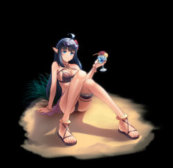 Rule 34 | 1girl, absurdres, ahoge, arm support, ass, bangle, bare arms, bare shoulders, bikini, black background, black bikini, black hair, blue eyes, bracelet, cup, drinking glass, drinking straw, eyewear on head, grass, hand up, highres, holding, jewelry, king&#039;s raid, knees up, bridal garter, long hair, looking at viewer, mirianne (king&#039;s raid), pointy ears, sand, sandals, sidelocks, sitting, smile, solo, sunglasses, swimsuit, thighs, tropical drink, vladislav ton