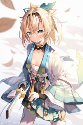 Rule 34 | 1girl, black gloves, black hairband, blonde hair, blue skirt, blush, breasts, commentary request, cowboy shot, fingerless gloves, gloves, green eyes, hair between eyes, hairband, haori, highres, holding, holding sword, holding weapon, hololive, holox, japanese clothes, kazama iroha, kuri (animejpholic), leaf, long sleeves, looking up, medium breasts, parted lips, pleated skirt, print skirt, sarashi, short hair, signature, skirt, solo, standing, sword, thighhighs, v-shaped eyebrows, virtual youtuber, weapon, white thighhighs, wind