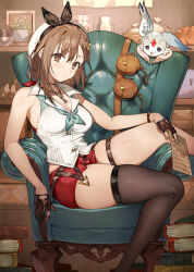 Rule 34 | 1girl, armpits, atelier (series), atelier ryza, beret, black gloves, black thighhighs, book, book stack, braid, braided bangs, breasts, brown eyes, brown hair, cleavage, closed mouth, collared shirt, commentary request, couch, creature, fi (atelier), gloves, hat, highres, holding, holding paper, indoors, large breasts, light blush, looking at viewer, official art, on couch, paper, partially fingerless gloves, picture frame, red shorts, reisalin stout, shirt, short hair, short shorts, shorts, sideboob, single thighhigh, skindentation, solo, thick thighs, thigh strap, thighhighs, thighs, toridamono, white hat, white shirt