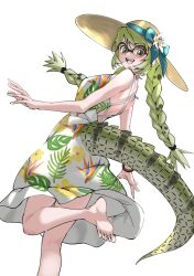 Rule 34 | 1girl, :d, absurdres, alternate costume, backless dress, backless outfit, bare arms, bare legs, bare shoulders, barefoot, black-framed eyewear, braid, clothing cutout, commentary, crocodilian tail, dress, feet, flower, from behind, glasses, green eyes, green hair, hat, hat flower, hat ribbon, highres, kemono friends, long hair, looking at viewer, looking back, open mouth, over-rim eyewear, print dress, ribbon, semi-rimless eyewear, simple background, sleeveless, sleeveless dress, slit pupils, smile, solo, spectacled caiman (kemono friends), standing, standing on one leg, sun hat, sundress, tail, tail through clothes, tanabe (fueisei), twin braids, white background