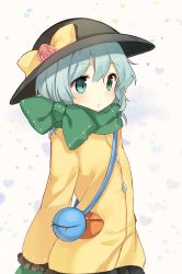 Rule 34 | 1girl, adapted costume, alternate costume, bad id, bad pixiv id, bow, coat, eyeball, flower, green eyes, green hair, green scarf, hat, hat ribbon, heart, highres, komeiji koishi, long sleeves, matching hair/eyes, pout, ribbon, rose, scarf, shnva, simple background, solo, string, third eye, touhou, wide sleeves, winter clothes