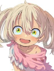 Rule 34 | 1girl, :d, absurdres, ahoge, blonde hair, child, collarbone, dot nose, fang, from above, green eyes, hair between eyes, happy, highres, irumyuui, looking at viewer, made in abyss, open mouth, rags, sanpaku, sekaineko 001, single bare shoulder, smile, solo, upper body, white background