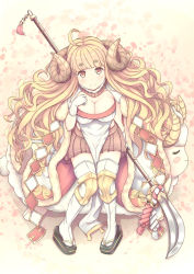 Rule 34 | 1girl, ahoge, anila (granblue fantasy), blonde hair, blush, breasts, cleavage, closed mouth, commentary request, draph, eyebrows, fur trim, gloves, granblue fantasy, holding, holding weapon, horns, large breasts, long hair, looking at viewer, naginata, orange eyes, polearm, poru (naasan), sheep, sheep horns, short eyebrows, sitting, sitting on animal, skirt, smile, solo, thick eyebrows, thighhighs, very long hair, wavy hair, weapon, white gloves, white thighhighs