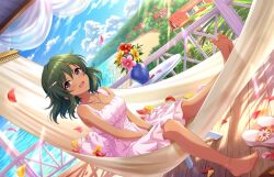 Rule 34 | 1girl, anklet, barefoot, beach, black hair, blush, bracelet, building, cloud, cloudy sky, dress, feet, flower, frills, hair ornament, hairpin, hammock, idolmaster, idolmaster cinderella girls, idolmaster cinderella girls starlight stage, jewelry, lens flare, medium hair, natalia (idolmaster), necklace, ocean, official art, open mouth, petals, pink dress, plant, potted plant, purple eyes, sandals, sky, table