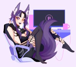 Rule 34 | 1girl, animal ears, artist name, awful queen (vtuber), bell, breasts, chair, cleavage cutout, clothing cutout, computer, cup, fox ears, fox girl, fox tail, gaming chair, heart cutout, heterochromia, highres, indie virtual youtuber, large breasts, looking at viewer, mole, mole under eye, neck bell, purple hair, purple lips, quinalice, swivel chair, tail, virtual youtuber