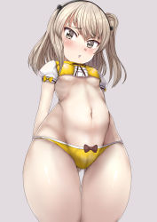 Rule 34 | 10s, 1girl, blush, breasts, girls und panzer, grey eyes, groin, highres, looking down, navel, shimada arisu, sikijou77o, simple background, small breasts, solo, white background, white hair