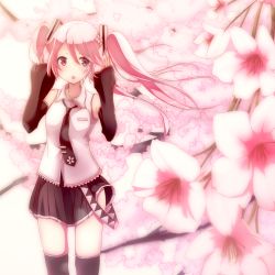 Rule 34 | 1girl, bad id, bad pixiv id, cherry blossoms, detached sleeves, flower, hair flower, hair ornament, hatsune miku, ivioss, long hair, necktie, open mouth, pink eyes, pink hair, sakura miku, skirt, solo, thighhighs, twintails, vocaloid