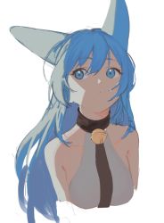Rule 34 | 1girl, animal ears, bare shoulders, bell, between breasts, blue eyes, blue hair, breasts, closed mouth, collarbone, commission, hair between eyes, kona ming, long hair, medium breasts, neck bell, necktie, necktie between breasts, original, pixiv commission, simple background, sketch, solo, upper body, white background