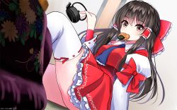 Rule 34 | 1girl, black hair, blue neckwear, blush, bow, brown eyes, commentary request, dated, dress, food in mouth, frilled bow, frilled skirt, frills, from below, hair bow, hair tubes, hakurei reimu, knee up, kotatsu, long hair, looking at viewer, nontraditional miko, red bow, red dress, signature, sitting, skirt, solo, table, teapot, thighhighs, thighs, touhou, watermark, white thighhighs, yamaguchi yuu