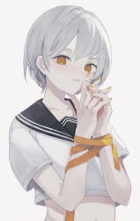 Rule 34 | 1girl, absurdres, black sailor collar, brown eyes, brown nails, brown ribbon, commentary request, crop top, grey background, grey hair, highres, looking at viewer, nail polish, navel, ogami ren, original, parted lips, ribbon, sailor collar, school uniform, serafuku, shirt, short hair, short sleeves, simple background, smile, solo, upper body, white shirt