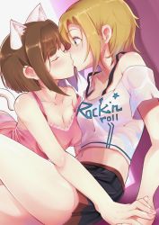 Rule 34 | 10s, 2girls, animal ears, arched back, bare legs, bare shoulders, blonde hair, blush, breasts, brown hair, casino (casinoep), cat ears, cat tail, cleavage, closed eyes, clothes writing, collarbone, commentary request, crop top, english text, from side, green eyes, highres, holding hands, idolmaster, idolmaster cinderella girls, kiss, leaning back, leaning forward, maekawa miku, medium breasts, midriff, multiple girls, nail polish, navel, panties, pink nails, pink shirt, revision, shirt, short hair, sidelocks, sitting, skirt, surprised, tada riina, tail, underwear, white shirt, yuri