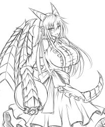 Rule 34 | 1girl, alternate costume, animal hands, apron, blush, breasts, dragon, dragon (monster girl encyclopedia), dragon girl, enmaided, frills, greyscale, highres, horns, large breasts, long hair, looking at viewer, maid, maid apron, monochrome, monster girl, monster girl encyclopedia, open mouth, sanmoto gorouzaemon, scales, sketch, skirt, solo, tail, wings