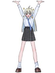 Rule 34 | &gt; &lt;, 1girl, :d, ahoge, arms up, blonde hair, blue necktie, blush, brown footwear, collared shirt, commentary, full body, hair between eyes, hamafugu, highres, legs, loafers, long hair, long sleeves, loose necktie, necktie, open mouth, original, plaid, plaid skirt, pleated skirt, school uniform, shirt, shirt tucked in, shoes, simple background, sketch, skirt, smile, socks, solo, sparkle, standing, sweatdrop, swept bangs, tongue, white background, white shirt, white socks, xd