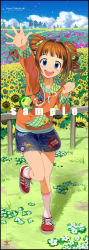 Rule 34 | 10s, 1girl, :d, andou shuki, badge, blue eyes, brown hair, button badge, character name, cloud, cube hair ornament, day, denim, denim skirt, fence, field, flower, flower field, green eyes, hair ornament, highres, idolmaster, idolmaster (classic), idolmaster 2, kneehighs, legs, long hair, long image, open mouth, outdoors, sample watermark, shoes, skirt, sky, smile, sneakers, socks, solo, stick poster, sunflower, sunflower field, takatsuki yayoi, tall image, tree, twintails, watermark, waving