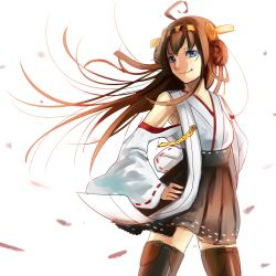 Rule 34 | 10s, 1girl, ahoge, blush, boots, brown hair, detached sleeves, double bun, hair bun, hairband, japanese clothes, kantai collection, kongou (kancolle), long hair, lvetica, nontraditional miko, open mouth, personification, pleated skirt, skirt, smile, thigh boots, thighhighs