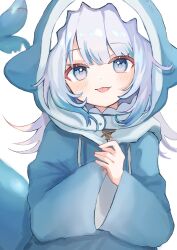 Rule 34 | 1girl, animal costume, animal hood, blue eyes, blue hair, blue hoodie, blunt bangs, blush, commentary request, fins, fish tail, gawr gura, gawr gura (1st costume), grey hair, highres, hololive, hololive english, hood, hoodie, jmgd14h, long hair, long sleeves, looking at viewer, multicolored hair, shark costume, shark girl, shark hood, shark tail, sharp teeth, simple background, sleeves past wrists, solo, streaked hair, tail, teeth, tongue, tongue out, two-tone hair, virtual youtuber, white background, wide sleeves
