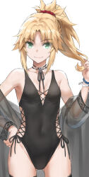 Rule 34 | 1girl, adjusting hair, black thighhighs, bracelet, choker, collarbone, covered navel, cross-laced slit, fate/apocrypha, fate/grand order, fate (series), gluteal fold, green eyes, highres, jewelry, long hair, looking at viewer, mordred (fate), one-piece swimsuit, ponytail, red scrunchie, scrunchie, see-through, simple background, smile, solo, swimsuit, thighhighs, tonee, white background