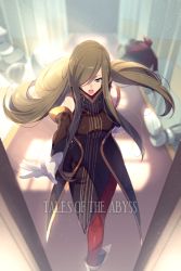 Rule 34 | 1girl, bare shoulders, blue eyes, blurry, blurry background, boots, brown hair, detached sleeves, dress, echo (circa), gloves, hair over one eye, high collar, long hair, open mouth, outstretched arm, red legwear, tales of (series), tales of the abyss, tear grants, white gloves