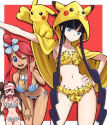 Rule 34 | &gt; &lt;, 10s, 3girls, :3, ;d, bent over, between breasts, bikini, black eyes, black hair, blue bikini, blue eyes, blunt bangs, blush, breasts, cape, cleavage, close-up, closed eyes, collarbone, contrapposto, cowboy shot, creatures (company), double bun, elesa (pokemon), game freak, gen 1 pokemon, gen 5 pokemon, gym leader, hair bun, hand on own hip, hand on thigh, hat, hood, large breasts, looking at viewer, midriff, multiple girls, navel, nintendo, one eye closed, open mouth, oshawott, outstretched arm, pikachu, pink hat, pokemoa, pokemon, pokemon (creature), pokemon bw2, purple eyes, red background, red hair, rosa (pokemon), round teeth, sidelocks, simple background, skyla (pokemon), small breasts, smile, standing, stomach, swanna, swimsuit, swoobat, teeth, thigh gap, thumbs up, topknot, twintails, yellow bikini