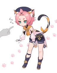 Rule 34 | 1girl, 1other, animal ear fluff, animal ears, animal print, bag, bangs pinned back, bent over, black footwear, black shorts, cat ears, cat girl, cat print, cat tail, commentary request, detached sleeves, diona (genshin impact), forehead, full body, genshin impact, gloves, green eyes, hair ribbon, hat, highres, kumo955, long sleeves, looking at another, midriff, navel, out of frame, paw print, pink hair, puffy detached sleeves, puffy shorts, puffy sleeves, ribbon, short hair, shorts, sidelocks, simple background, standing, tail, tail ornament, tail ribbon, thick eyebrows, translated, white background, white gloves