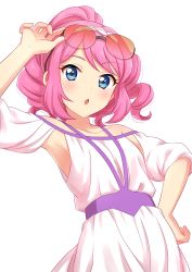 Rule 34 | 10s, 1girl, :o, aikatsu! (series), aikatsu stars!, armpits, blue eyes, blush, commentary request, dress, hand on own hip, hand up, highres, looking at viewer, parted lips, pink hair, red-framed eyewear, red-tinted eyewear, sakuraba rola, sekina, simple background, solo, sunglasses, tinted eyewear, upper body, white background, white dress