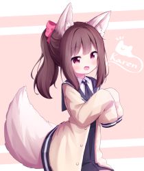Rule 34 | 1girl, absurdres, animal ear fluff, animal ears, arms up, black skirt, brown cardigan, brown hair, cardigan, character request, copyright request, fang, highres, long hair, open mouth, pink background, ponytail, red eyes, ribbon, sailor collar, school uniform, setmen, shirt, simple background, skirt, sleeves past wrists, solo, tail, upper body, white shirt, wolf ears, wolf tail