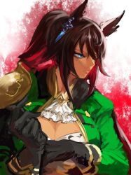 Rule 34 | 1girl, adjusting clothes, adjusting gloves, animal ears, armor, ascot, black gloves, black hair, blue eyes, breasts, cleavage, closed mouth, dark-skinned female, dark skin, frown, gloves, green jacket, hair between eyes, horse ears, inishie kumo, jacket, large breasts, long hair, long sleeves, looking to the side, ponytail, shirt, shoulder armor, solo, symboli kris s (umamusume), two-tone background, umamusume, upper body, v-shaped eyebrows, white shirt