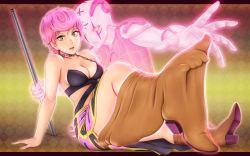 Rule 34 | 1girl, arm support, asymmetrical clothes, boots, breasts, brown footwear, cleavage, green eyes, highres, horiishi horuto, jojo no kimyou na bouken, long skirt, medium breasts, melting, open mouth, outstretched arm, pink hair, short hair, side slit, sitting, skirt, spice girl (stand), stand (jojo), toes, trish una, vento aureo, very short hair, yellow eyes