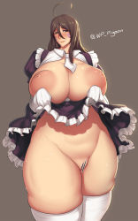 Rule 34 | 1girl, aa megami-sama, ahoge, blush, breasts, breasts out, brown eyes, brown hair, censored, curvy, dress, highres, huge breasts, large areolae, long hair, looking at viewer, nipples, plump, pussy, skuld (aa megami-sama), smile, solo, sweat, thick thighs, thighhighs, thighs, waterproof-pigeon, wide hips