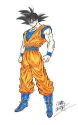 Rule 34 | 1boy, black hair, commentary, commentary request, dougi, dragon ball, dragonball z, full body, muscular, muscular male, satou masaki, solo, son goku, spiked hair, standing, white background