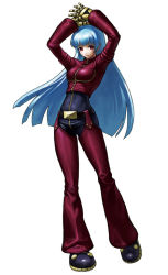 Rule 34 | 1girl, arms up, bell-bottoms, blue hair, bodysuit, king of fighters xiii, kula diamond, long hair, looking at viewer, official art, ogura eisuke, pants, red eyes, simple background, snk, solo, the king of fighters, the king of fighters xiii, white background