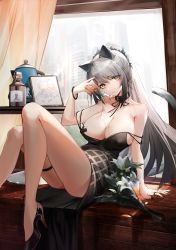 Rule 34 | 1girl, absurdres, alternate costume, animal ears, arknights, bare legs, black choker, black dress, black footwear, breasts, cameo, cat ears, cat tail, ceylon (arknights), chinese commentary, choker, cleavage, commentary request, cup, dress, gloves, grey hair, hand up, high heels, highres, holding, holding cup, indoors, kettle, large breasts, long hair, looking at viewer, picture frame, ponytail, pouring, pouring onto self, rhodes island logo (arknights), schwarz (arknights), solo, spaghetti strap, strap slip, tail, thigh strap, thighs, very long hair, white gloves, yellow eyes, yunlingluo