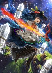 Rule 34 | 1girl, benitama, blue hair, boots, bow, cross-laced footwear, dress, dutch angle, food, frills, fruit, full body, hat, hinanawi tenshi, lace-up boots, layered dress, long hair, looking at viewer, open mouth, peach, puffy sleeves, red eyes, rock, rope, shimenawa, short sleeves, sitting, smile, solo, sword of hisou, touhou